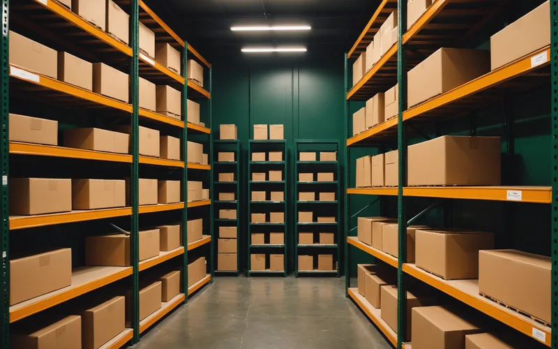 Warehouse shelf row showing organized inventory
